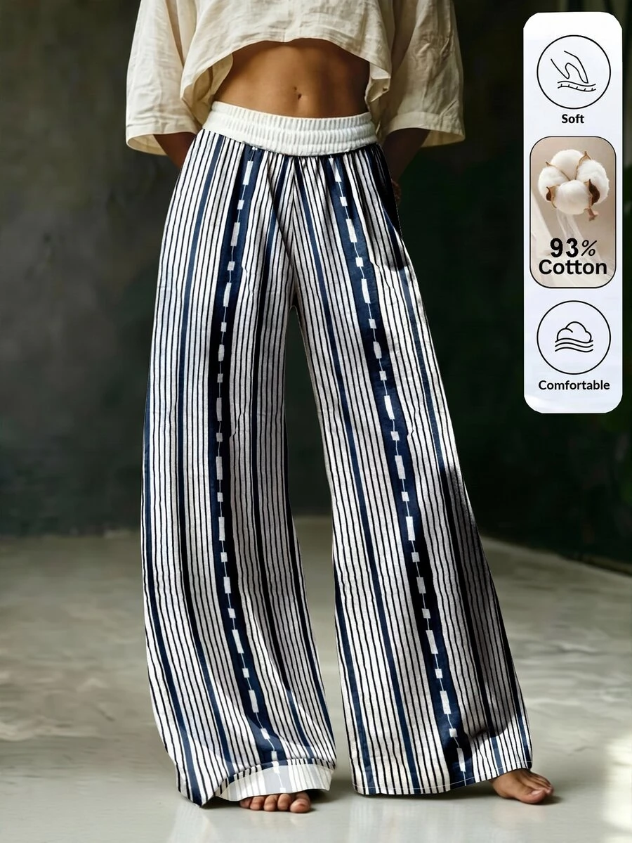 Elouméa Celana Panjang Katun Bergaris Motif Kasual untuk Liburan Wanita - Navy Blue - View 1