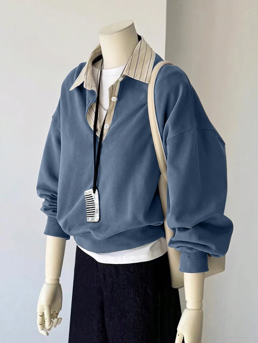 INAWLY Women's 2 In 1 Patchwork Casual Daily Long Sleeve Sweatshirt - Teal Blue - View 1