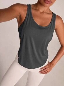 SHEIN BAE 女款純色休閒百搭日常穿著運動機能上衣T恤 - 灰色 - 查看 4