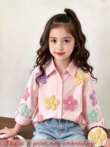 SHEIN Elladie kids 女童花卉印花襯衫，秋季外套，冬季穿搭，返校季，復古 Boss Baby 風格，舒適，度假生日，嬰兒粉 - 彩色 - 查看 1