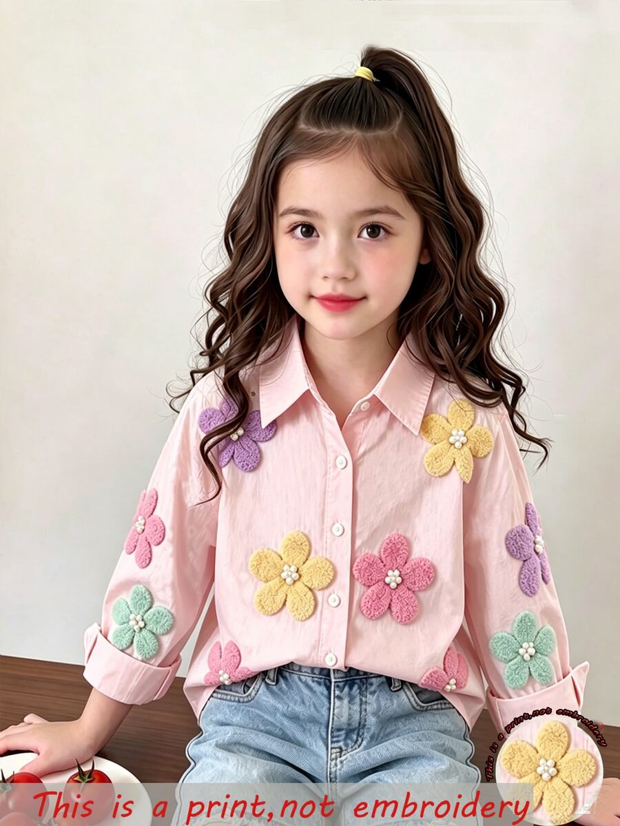 SHEIN Elladie kids 女童花卉印花襯衫,秋季外套,冬季穿搭,返校季,復古 Boss Baby 風格,舒適,度假生日,嬰兒粉 - 彩色 - 查看 1