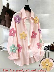 SHEIN Elladie kids 女童花卉印花襯衫，秋季外套，冬季穿搭，返校季，復古 Boss Baby 風格，舒適，度假生日，嬰兒粉 - 彩色 - 查看 3