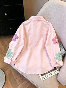 SHEIN Elladie kids 女童花卉印花襯衫，秋季外套，冬季穿搭，返校季，復古 Boss Baby 風格，舒適，度假生日，嬰兒粉 - 彩色 - 查看 2