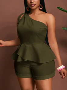 Veslaya Women's Plus Size Summer Casual Solid Color One Shoulder Top & Shorts 2-Piece Set - Army Green - View 3