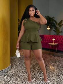 Veslaya Women's Plus Size Summer Casual Solid Color One Shoulder Top & Shorts 2-Piece Set - Army Green - View 1