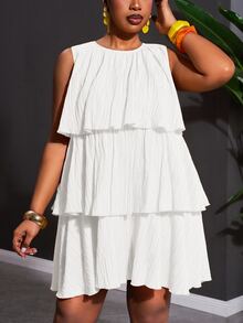Veslaya White Summer Elegant Party Holiday Plus Size Women's Sleeveless Multi-Layer Ruffle Patchwork Babydoll Cake Mini Dress, Beach Vacation Dress - White - View 5