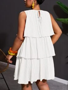 Veslaya White Summer Elegant Party Holiday Plus Size Women's Sleeveless Multi-Layer Ruffle Patchwork Babydoll Cake Mini Dress, Beach Vacation Dress - White - View 2