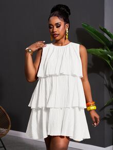 Veslaya White Summer Elegant Party Holiday Plus Size Women's Sleeveless Multi-Layer Ruffle Patchwork Babydoll Cake Mini Dress, Beach Vacation Dress - White - View 4