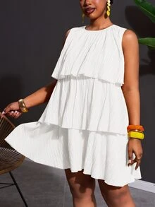 Veslaya White Summer Elegant Party Holiday Plus Size Women's Sleeveless Multi-Layer Ruffle Patchwork Babydoll Cake Mini Dress, Beach Vacation Dress - White - View 6