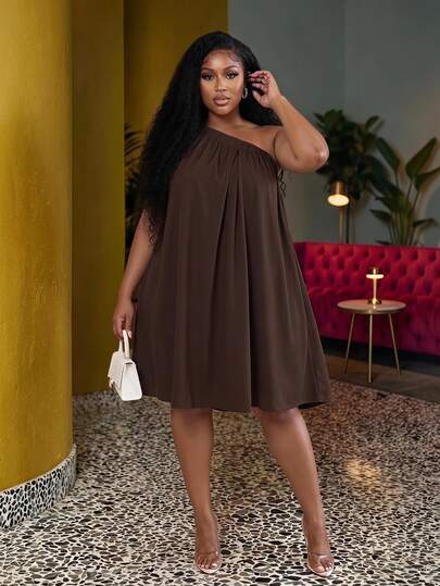 Veslaya Plus Size Women's One Shoulder Sleeveless Solid Color Wide Leg Dress
