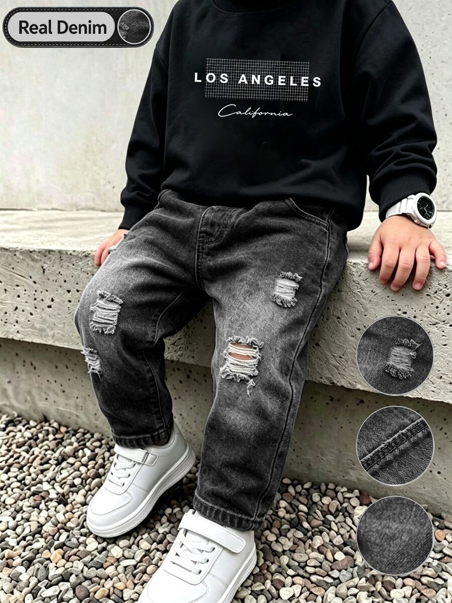 2件組 幼兒男童洛杉磯字母印花圓領運動衫與牛仔慢跑褲套裝 - 彩色 - 查看 1