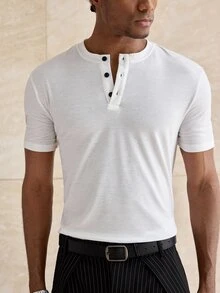 ESTAVOR Men's 1/4 Collar Short Sleeve Solid Color Fashion Versatile T-Shirt - White - View 3