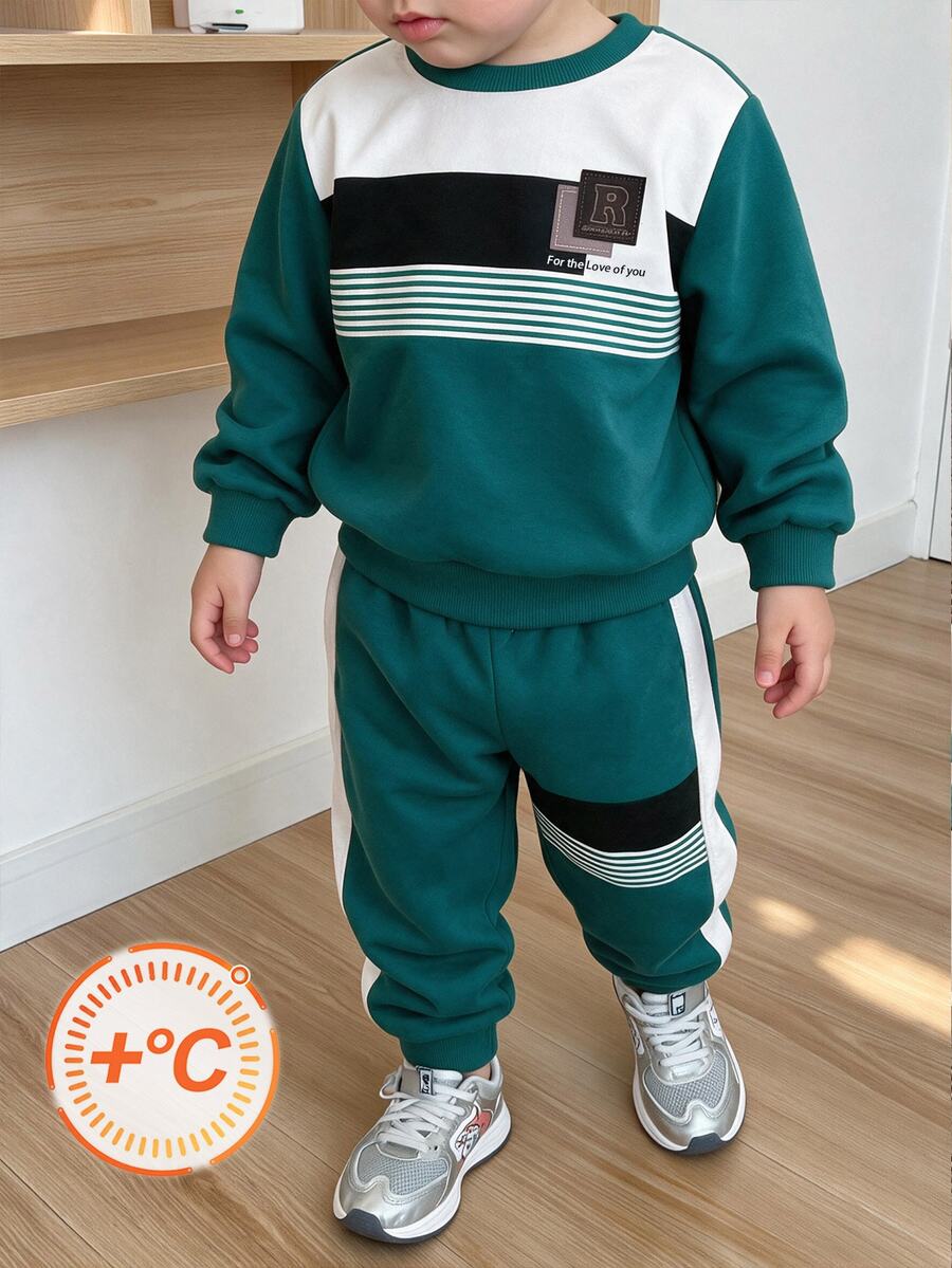 Boys' New Contrast Color Striped Crew Neck Sweatshirt + Long Pants 2 Pieces Set, Fashionable Casual Versatile, Cool And Stylish Fit, Suitable For Daily Wear, Travel, Outings And Photography - Multicolor - View 1