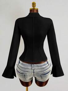 Mistrie Kemeja Wanita Terbaru Seksi Model V-Neck Lengan Panjang dengan Tali Depan dan Tengah serta Desain Lengan Berkerut, Atasan Lengan Panjang - Hitam - View 3