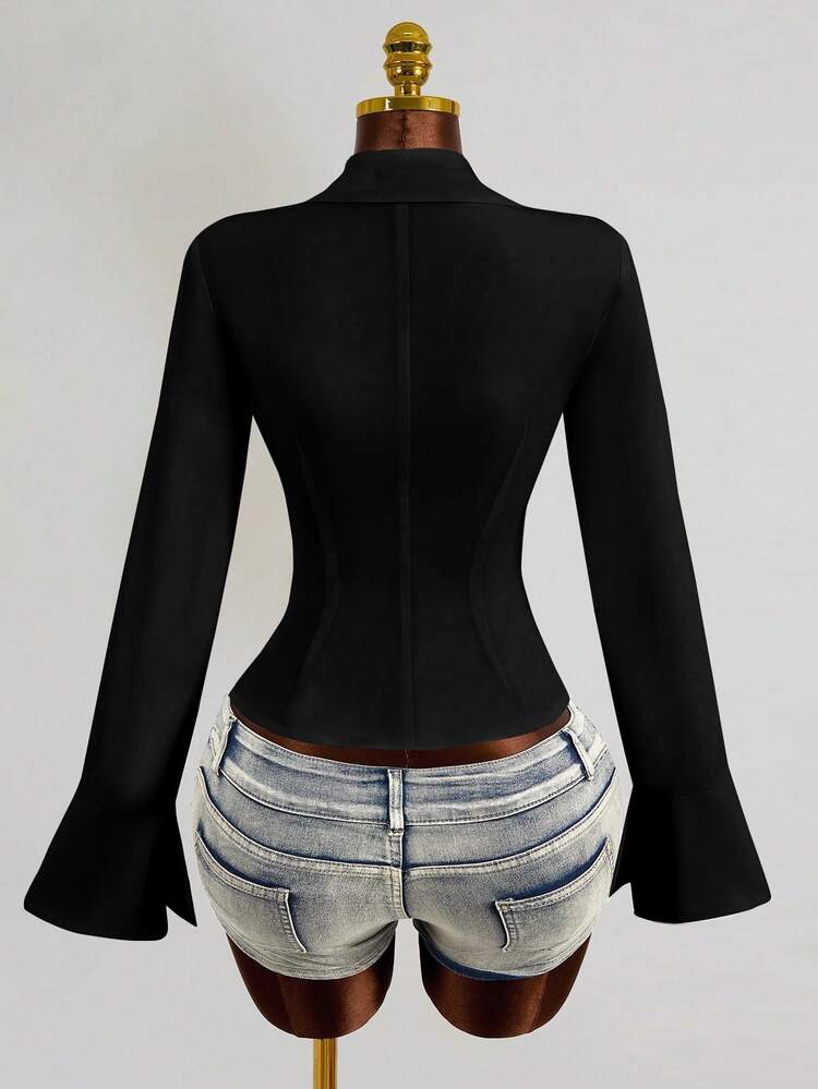 Mistrie Kemeja Wanita Terbaru Seksi Model V-Neck Lengan Panjang dengan Tali Depan dan Tengah serta Desain Lengan Berkerut, Atasan Lengan Panjang - Hitam - View 3