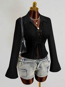 Mistrie Kemeja Wanita Terbaru Seksi Model V-Neck Lengan Panjang dengan Tali Depan dan Tengah serta Desain Lengan Berkerut, Atasan Lengan Panjang - Hitam - View 7