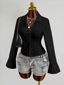 Mistrie Kemeja Wanita Terbaru Seksi Model V-Neck Lengan Panjang dengan Tali Depan dan Tengah serta Desain Lengan Berkerut, Atasan Lengan Panjang - Hitam - View 5