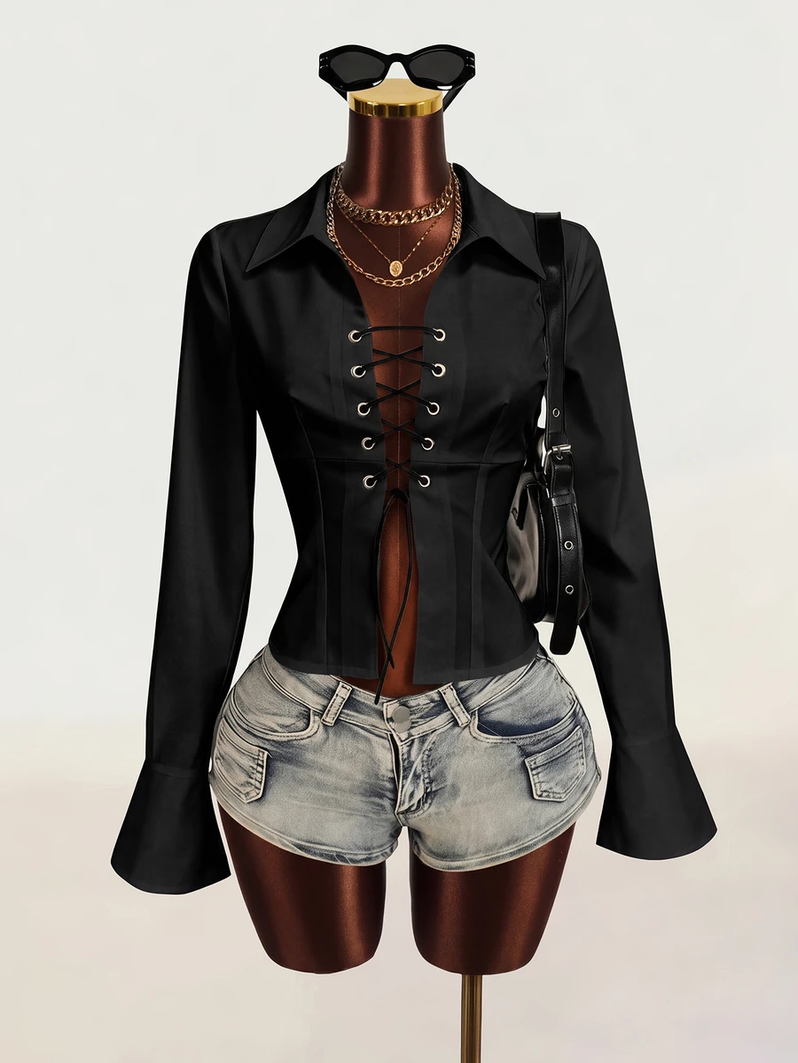 Mistrie Kemeja Wanita Terbaru Seksi Model V-Neck Lengan Panjang dengan Tali Depan dan Tengah serta Desain Lengan Berkerut, Atasan Lengan Panjang - Hitam - View 1