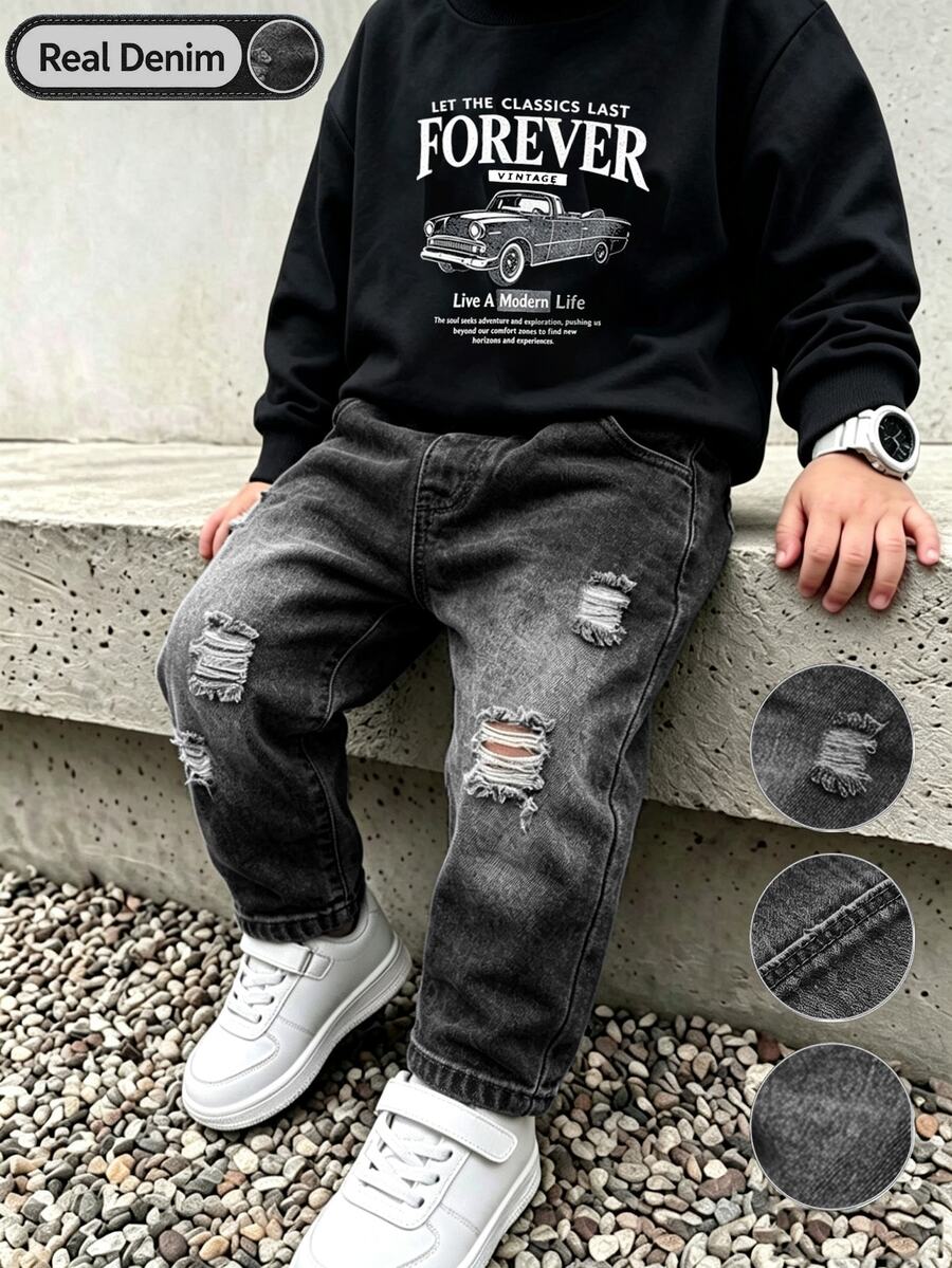 2件組幼兒男童復古汽車與字母印花圓領衛衣、做舊丹寧慢跑長褲、長袖套頭衫、鬆緊腰牛仔褲,秋季款 - 黑色 - 查看 1