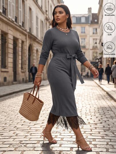 Linhara CURVE Plus Size Women Solid Color Round Neck Casual Daily Knit Dress