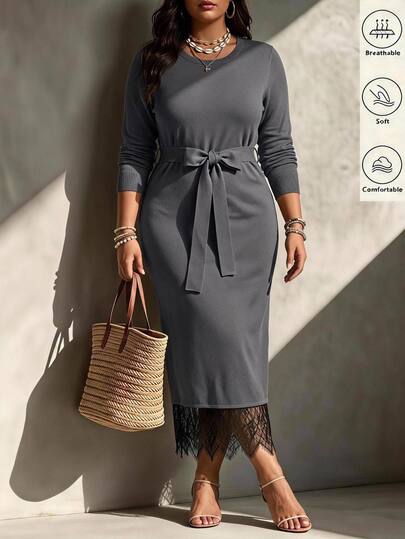 Linhara CURVE Plus Size Women Solid Color Round Neck Casual Daily Knit Dress