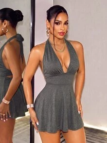 Mistrie Romper Ketat Warna Abu-abu Gelap dengan Leher V Dalam dan Tali Belakang Terbuka, Cocok untuk Liburan Musim Panas, Seksi, dan Kasual. - Dark Grey - View 7