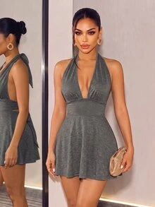 Mistrie Romper Ketat Warna Abu-abu Gelap dengan Leher V Dalam dan Tali Belakang Terbuka, Cocok untuk Liburan Musim Panas, Seksi, dan Kasual. - Dark Grey - View 6