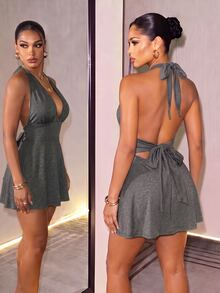 Mistrie Romper Ketat Warna Abu-abu Gelap dengan Leher V Dalam dan Tali Belakang Terbuka, Cocok untuk Liburan Musim Panas, Seksi, dan Kasual. - Dark Grey - View 4