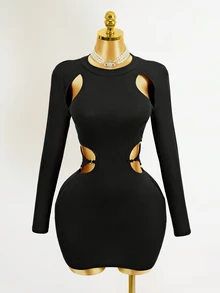 Mistrie Black Long-Sleeved Autumn Bandage Night Out Girl-Style Low-Cut Asymmetrical Open Design Figure-Hugging Skirt Dress For Night Parties New Year - Black - View 4