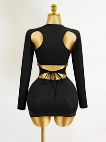 Mistrie Black Long-Sleeved Autumn Bandage Night Out Girl-Style Low-Cut Asymmetrical Open Design Figure-Hugging Skirt Dress For Night Parties New Year - Black - View 3