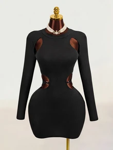 Mistrie Black Long-Sleeved Autumn Bandage Night Out Girl-Style Low-Cut Asymmetrical Open Design Figure-Hugging Skirt Dress For Night Parties New Year - Black - View 1