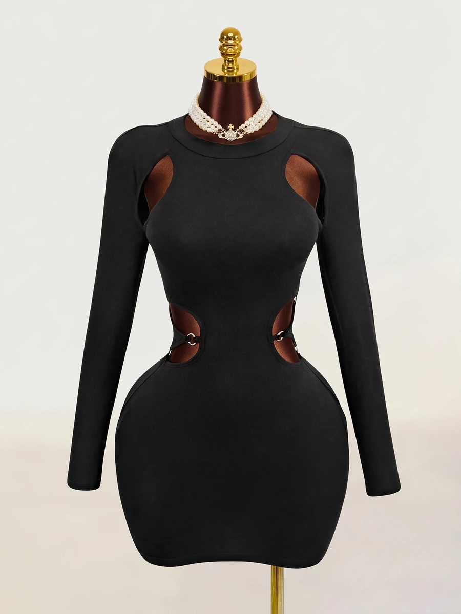 Mistrie Black Long-Sleeved Autumn Bandage Night Out Girl-Style Low-Cut Asymmetrical Open Design Figure-Hugging Skirt Dress For Night Parties New Year - Black - View 1