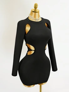 Mistrie Black Long-Sleeved Autumn Bandage Night Out Girl-Style Low-Cut Asymmetrical Open Design Figure-Hugging Skirt Dress For Night Parties New Year - Black - View 7