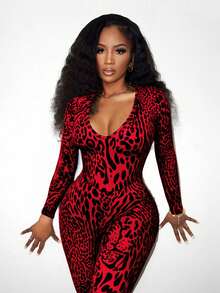 Mistrie Women's Casual Red Random Print Knitted Jumpsuit With V Neck Long Sleeve Backless Cropped Unitard - Red - View 7