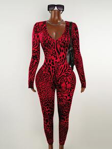 Mistrie Women's Casual Red Random Print Knitted Jumpsuit With V Neck Long Sleeve Backless Cropped Unitard - Red - View 6