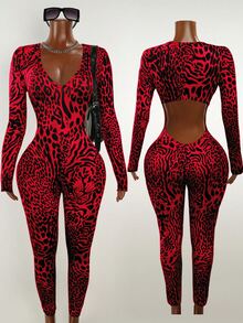Mistrie Women's Casual Red Random Print Knitted Jumpsuit With V Neck Long Sleeve Backless Cropped Unitard - Red - View 2