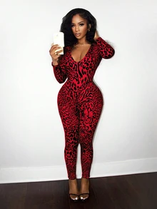 Mistrie Women's Casual Red Random Print Knitted Jumpsuit With V Neck Long Sleeve Backless Cropped Unitard - Red - View 5