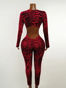 Mistrie Women's Casual Red Random Print Knitted Jumpsuit With V Neck Long Sleeve Backless Cropped Unitard - Red - View 3
