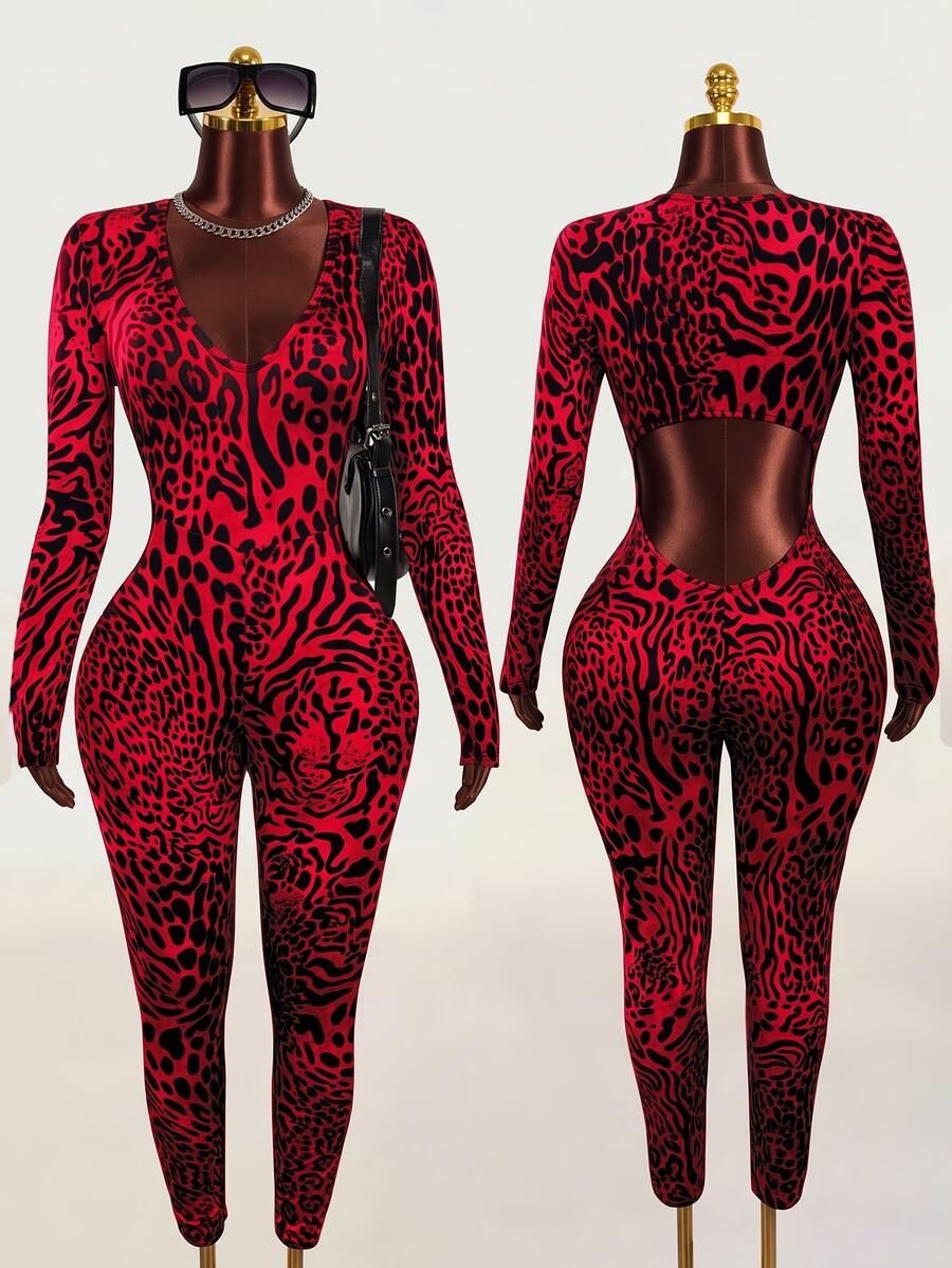 Mistrie Women's Casual Red Random Print Knitted Jumpsuit With V Neck Long Sleeve Backless Cropped Unitard - Red - View 1