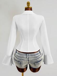 Mistrie Women's New Sexy V-Neck Long Sleeved Shirt With Front And Middle Straps And Ruffle Sleeves Design, Long Sleeved Top - White - View 3