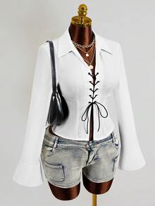 Mistrie Women's New Sexy V-Neck Long Sleeved Shirt With Front And Middle Straps And Ruffle Sleeves Design, Long Sleeved Top - White - View 6