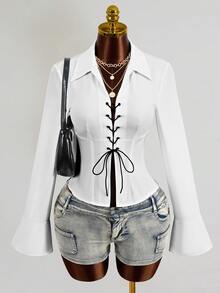 Mistrie Women's New Sexy V-Neck Long Sleeved Shirt With Front And Middle Straps And Ruffle Sleeves Design, Long Sleeved Top - White - View 4
