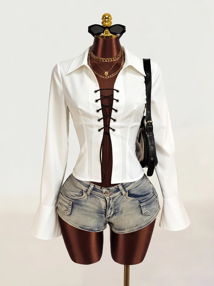 Mistrie Women's New Sexy V-Neck Long Sleeved Shirt With Front And Middle Straps And Ruffle Sleeves Design, Long Sleeved Top - White - View 1