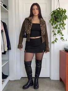Comfortcana Plus Size Street Style Leopard Print Zipper Waist Cinched Padded Coat - Brown - View 5