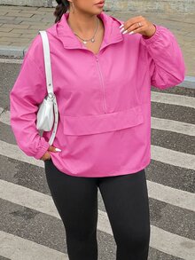 Muchica Plus Size Streetwear Zip-Up Half-Placket Long Sleeve Hooded Jacket - Pink - View 3