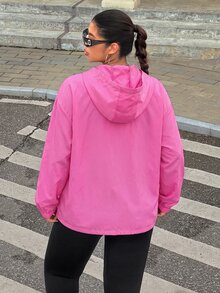 Muchica Plus Size Streetwear Zip-Up Half-Placket Long Sleeve Hooded Jacket - Pink - View 2