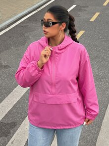Muchica Plus Size Streetwear Zip-Up Half-Placket Long Sleeve Hooded Jacket - Pink - View 4
