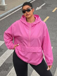 Muchica Plus Size Streetwear Zip-Up Half-Placket Long Sleeve Hooded Jacket - Pink - View 1