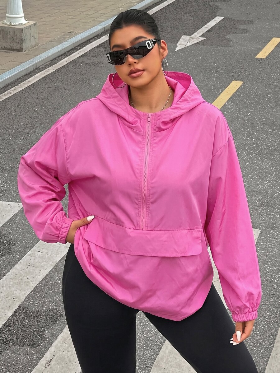 Muchica Plus Size Streetwear Zip-Up Half-Placket Long Sleeve Hooded Jacket - Pink - View 1