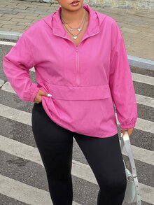 Muchica Plus Size Streetwear Zip-Up Half-Placket Long Sleeve Hooded Jacket - Pink - View 6